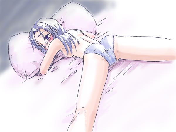 1girl breasts female_focus jpeg_artifacts long_hair nipples panties pillow purple_eyes purple_hair single_breast single_nipple solo source_request spread_legs underwear