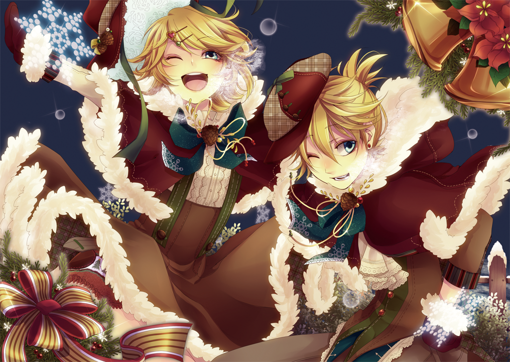 1boy 1girl blonde_hair blue_eyes bow breath brother_and_sister christmas domco gloves hair_ornament hairclip hat unworn_hat unworn_headwear kagamine_len kagamine_rin open_mouth ribbon short_hair siblings smile twins vocaloid wink