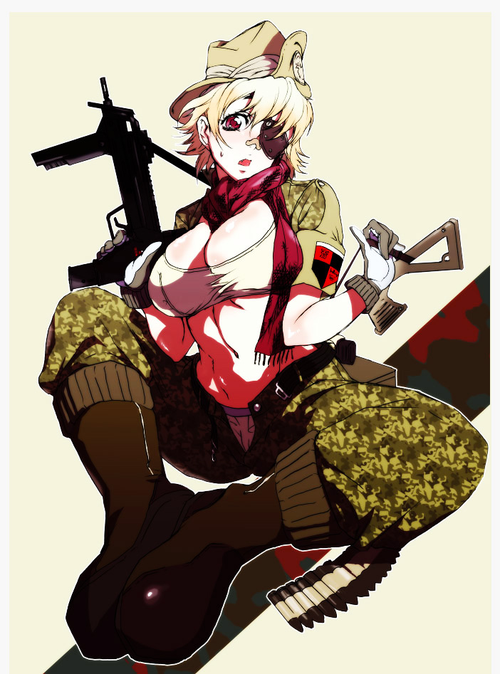 1girl ammunition ammunition_belt bad_id bad_pixiv_id belt blonde_hair boots breasts bullet cleavage cosplay eyepatch female_focus gloves hellsing midriff miwa_hitomi navel open_belt open_fly open_pants panties pants pip_bernadotte_(cosplay) pip_bernardotte pip_bernardotte_(cosplay) seras_victoria solo underwear unzipped vampire