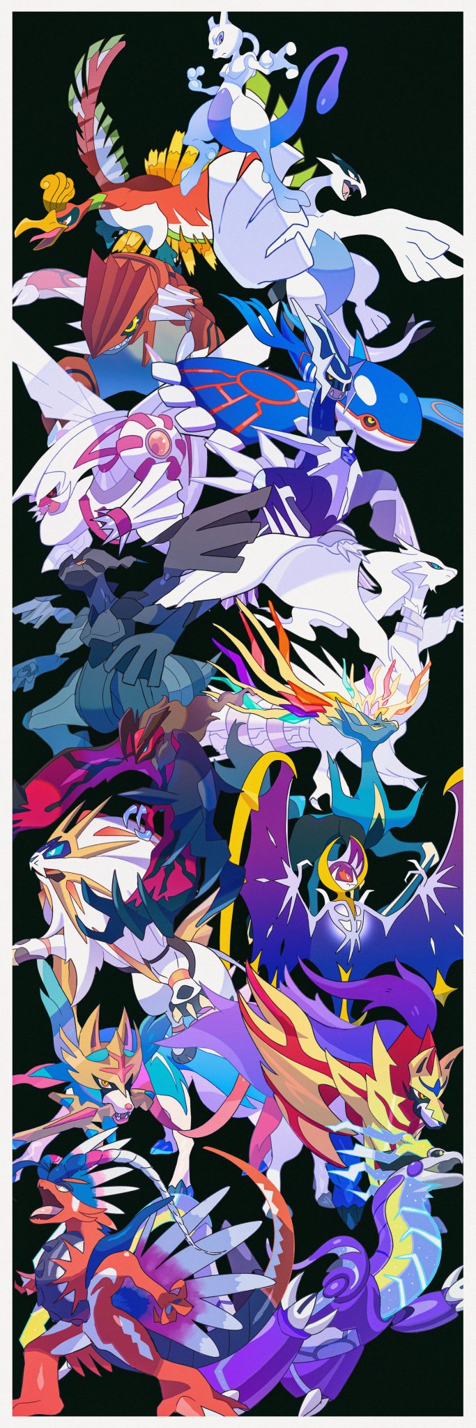 antlers bat_(animal) bird black_sclera blue_eyes blue_gemstone blue_sclera colored_sclera creatures_(company) crown deer dialga dragon everyone facing_away feathers game_freak gem gen_1_pokemon gen_2_pokemon gen_3_pokemon gen_4_pokemon gen_5_pokemon gen_6_pokemon gen_7_pokemon gen_8_pokemon groudon highres ho-oh holding holding_sword holding_weapon horns koraidon kyogre legendary_pokemon lion lugia lunala mewtwo miraidon mouth_hold nintendo no_humans open_mouth opposing_sides palkia pokemon pokemon_(creature) pokemon_focus red_eyes red_gemstone reshiram saiku_(zvlku) solgaleo spikes sword tail weapon wolf xerneas yellow_eyes yveltal zacian zamazenta zekrom