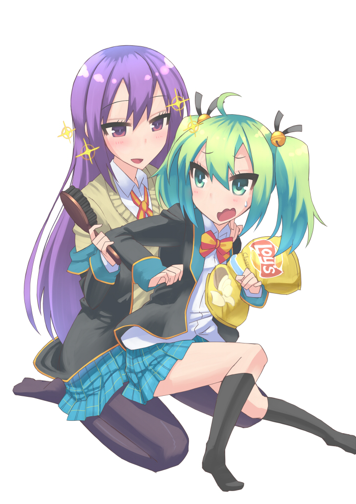 10s 2girls ahoge aqua_eyes bell black_socks brand_name_imitation chips_(food) eye_contact food full_body gj-bu green_hair hair_bell hair_between_eyes hair_brush hair_ornament hair_ribbon holding kannazuki_tamaki kneehighs lay&#039;s_(potato_chips) long_hair looking_at_another multiple_girls pantyhose pleated_skirt potato_chips purple_eyes purple_hair ribbon s_ibane school_uniform seiza serafuku short_hair simple_background sitting skirt socks sparkle sumeragi_shion sweatdrop sweater_vest twintails white_background