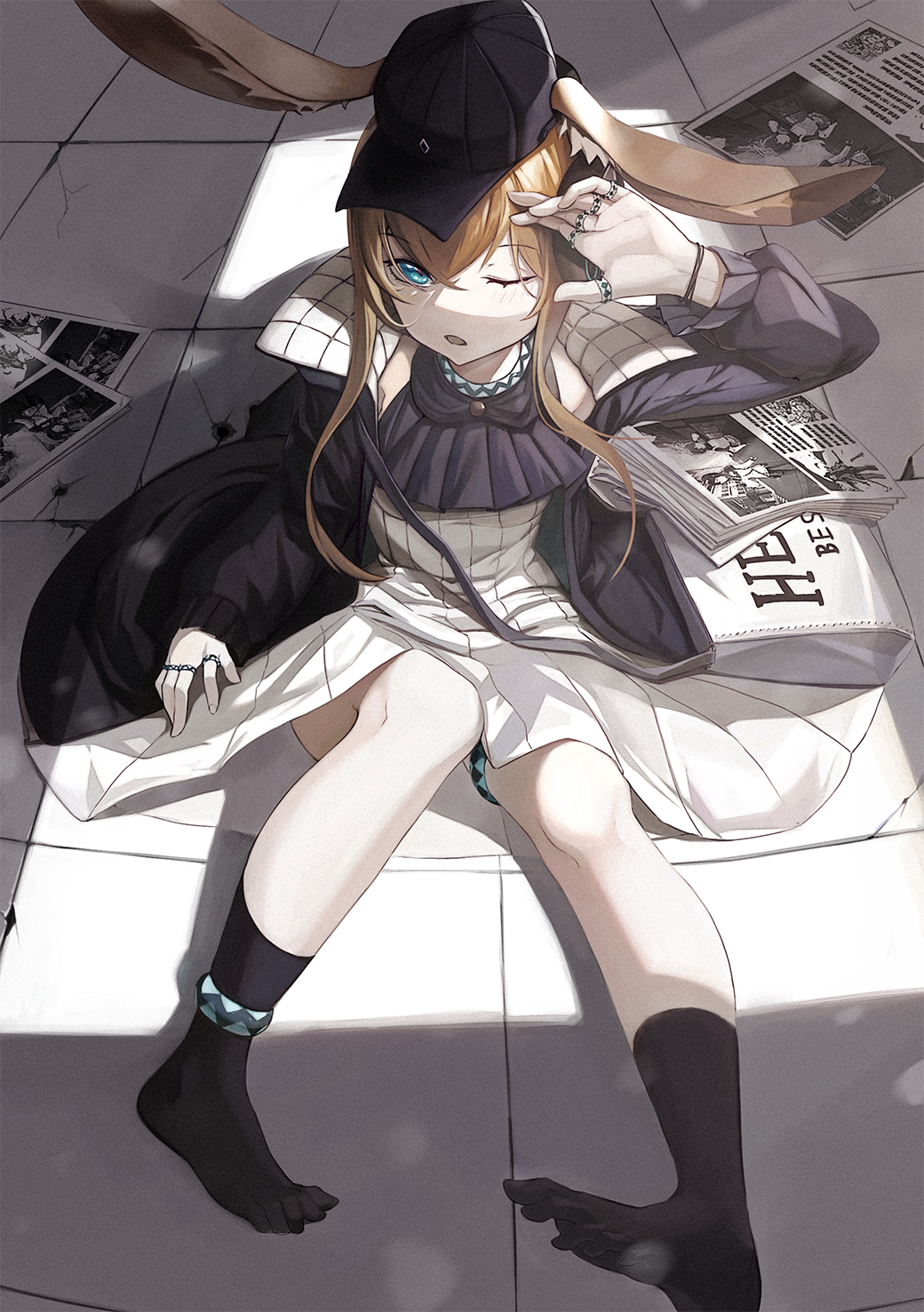 1girl amiya_(arknights) amiya_(newsgirl)_(arknights) animal_ears anizi arknights ascot black_jacket blue_eyes brown_hair feet frilled_ascot frills hat highres jacket jewelry multiple_rings neck_ring news newspaper newsprint_background official_alternate_costume one_eye_closed rabbit_ears resolution_mismatch ring socks solo source_larger thighlet thumb_ring