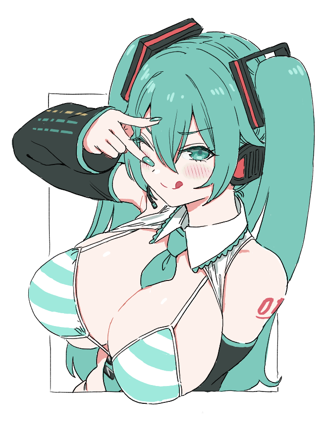 1girl ;q aqua_bikini aqua_eyes aqua_hair aqua_nails aqua_necktie bare_shoulders between_breasts bikini black_sleeves blush border breasts commentary_request detached_sleeves hair_between_eyes hatsune_miku large_breasts long_hair looking_at_viewer meme_attire miku_collar_bikini necktie necktie_between_breasts number_tattoo one_eye_closed outside_border shoulder_tattoo simple_background smile solo split_mouth striped_bikini striped_clothes sukeroku_(treeee) swimsuit tattoo tongue tongue_out twintails v_over_eye vocaloid white_background white_border