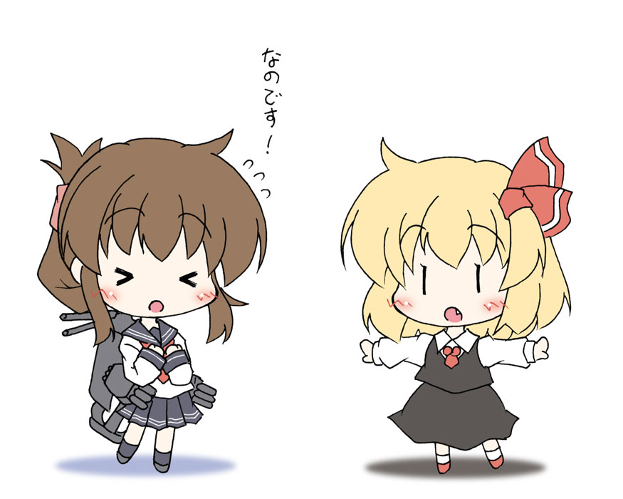 &gt;_&lt; 10s 2girls black_dress black_legwear black_skirt blonde_hair bow brown_hair chibi closed_eyes dress fang flying_sweatdrops folded_ponytail hair_bow inazuma_(kancolle) kantai_collection long_sleeves moegi_yuu multiple_girls nanodesu_(phrase) neckerchief open_mouth pleated_skirt ponytail red_bow rumia school_uniform serafuku simple_background skirt touhou translation_request white_background |_|