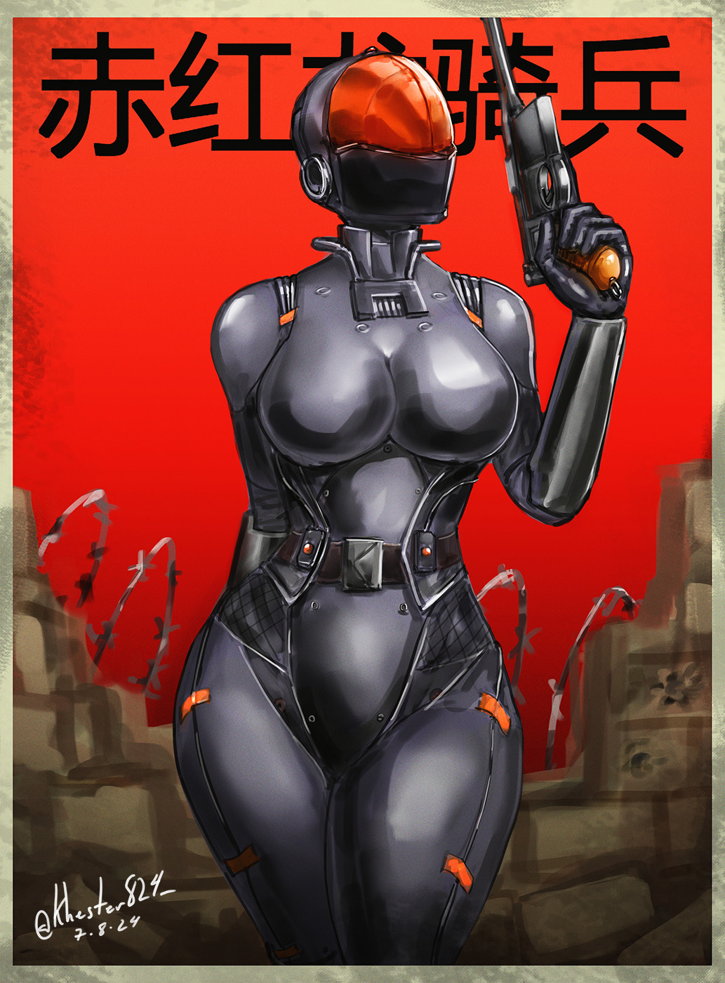 1girl arm_behind_back barbed_wire bodysuit breasts brick_wall chinese_text commentary cowboy_shot dated fallout gun handgun helmet highres impossible_bodysuit impossible_clothes khester824 large_breasts mauser_c96 signature solo translation_request trigger_discipline twitter_username weapon