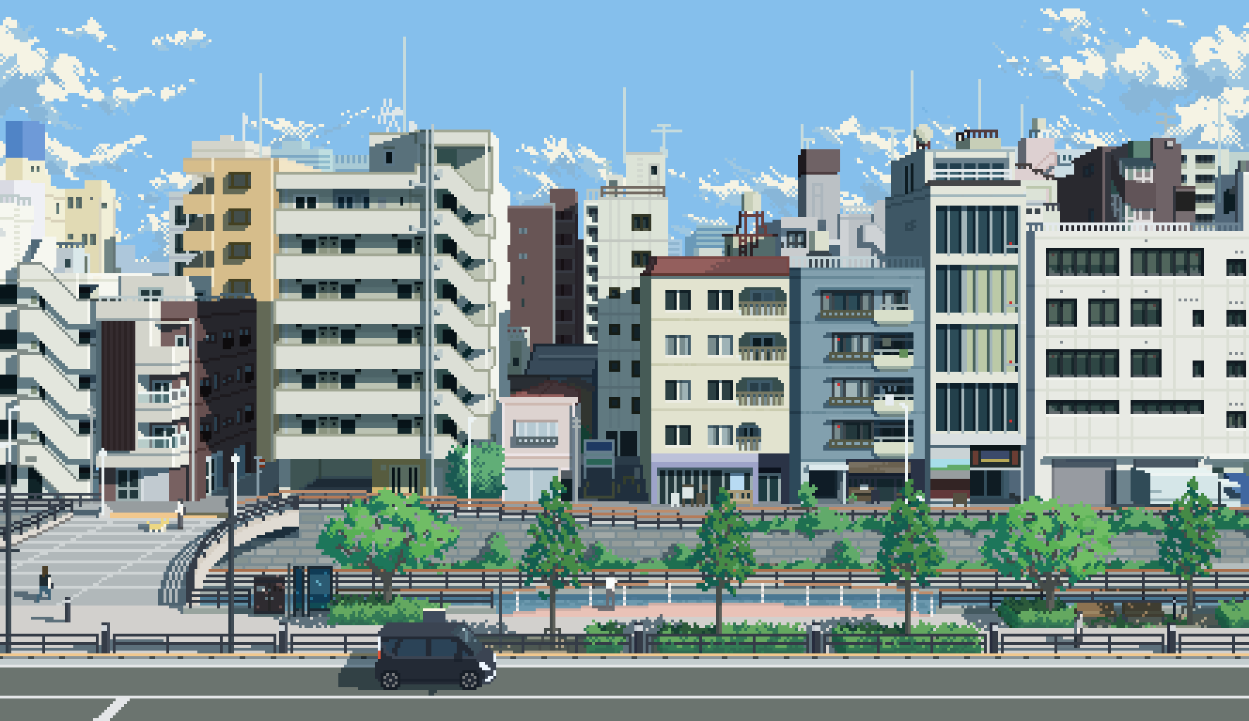 blue_sky building car city cityscape cloud cloudy_sky day highres lamppost maruimeuo motor_vehicle original outdoors people pixel_art plant railing road scenery sky street tree van window