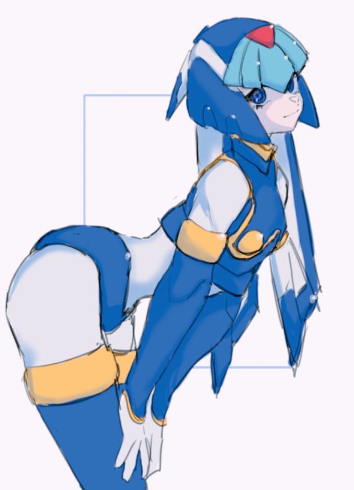 1girl android armor bent_over blue_armor blue_eyes blue_footwear blue_helmet blue_panties blue_thighhighs blue_vest bodysuit boots crop_top cropped_vest fairy_leviathan_(mega_man) forehead_jewel from_side gloves hands_on_own_knees helmet lemon_inu looking_at_viewer mega_man_(series) mega_man_zero_(series) panties robot_girl smile solo thigh_boots thighhighs underwear vest white_bodysuit white_gloves