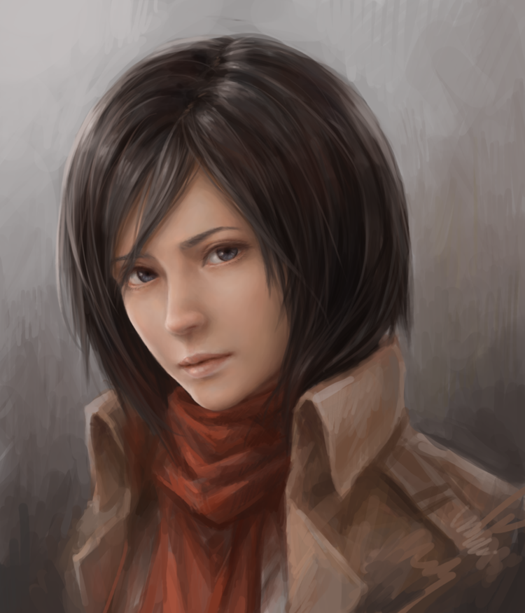 1girl black_hair blue_eyes female_focus gradient_background grey_background jacket jason_peng lips looking_at_viewer mikasa_ackerman nose parted_lips portrait realistic red_scarf revision scarf shingeki_no_kyojin short_hair solo upper_body