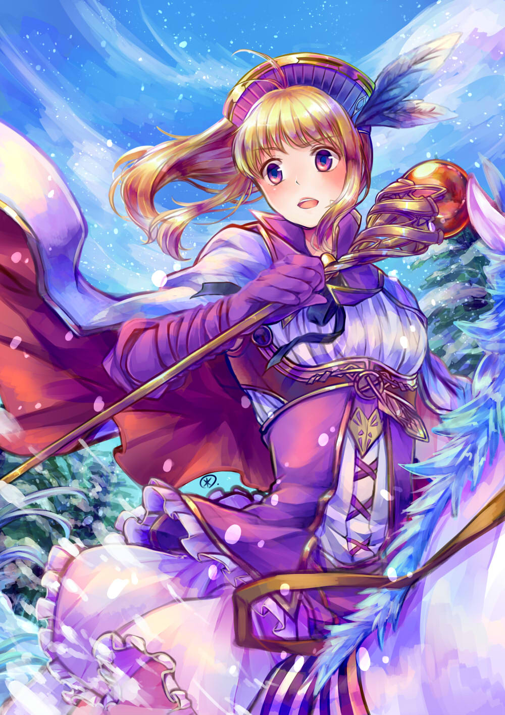 1girl alternate_costume blonde_hair blouse capelet clarine_(fire_emblem) feathers female_focus fire_emblem fire_emblem:_the_binding_blade fire_emblem_cipher gloves gold_trim hat highres horse nintendo ponytail purple_eyes purple_gloves purple_hat purple_shirt shirt skirt solo staff tarayuki white_skirt