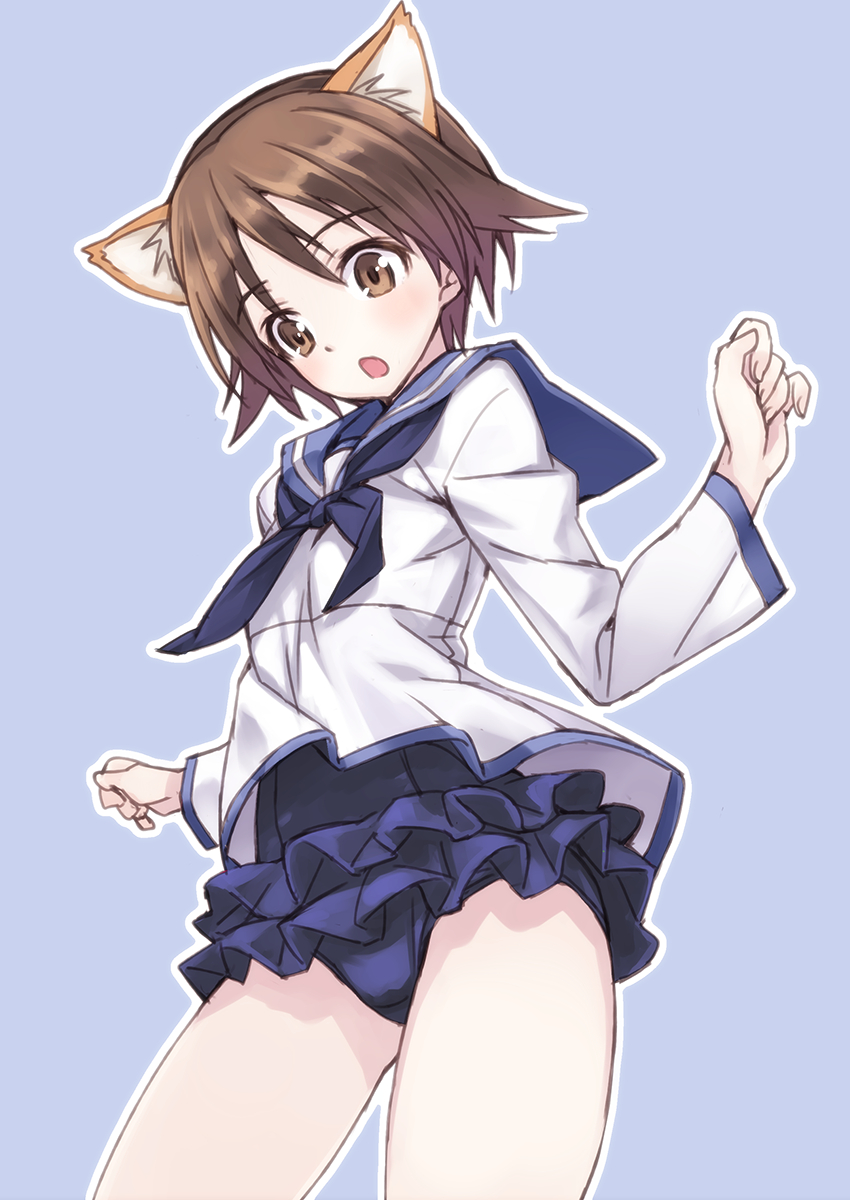 1girl :o adapted_costume animal_ears bad_id blush brown_eyes brown_hair dog_ears double_flare_skirt_one-piece female_focus frilled_swimsuit frills highres matsuryuu miyafuji_yoshika nontraditional_school_swimsuit outline sailor_collar school_swimsuit short_hair simple_background solo strike_witches swimsuit swimsuit_under_clothes uniform world_witches_series