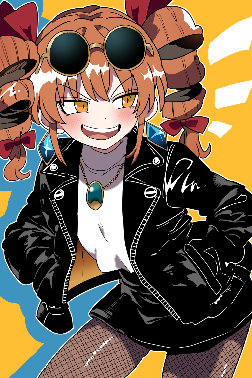 1girl black_jacket bollzzalguy brown_hair cowboy_shot drill_hair eyewear_on_head fishnet_pantyhose fishnets highres jacket open_clothes open_jacket open_mouth pantyhose shirt smile solo touhou twin_drills white_shirt yellow_eyes yorigami_jo&#039;on