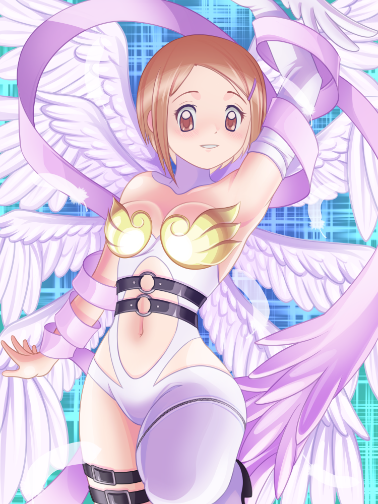 1girl angel_wings angewomon angewomon_(cosplay) arm_up armor armpits asymmetrical_clothes bare_shoulders belt black_belt bodysuit boobplate breastplate breasts brown_eyes brown_hair cleavage clothing_cutout commentary_request cosplay cowboy_shot digimon digimon_adventure_02 elbow_gloves feathered_wings gloves hagoromo hair_ornament hairclip k0n0n looking_at_viewer medium_breasts multiple_wings navel navel_cutout o-ring o-ring_belt parted_bangs parted_lips shawl short_hair sidelocks single_elbow_glove solo standing standing_on_one_leg thigh_strap white_bodysuit white_gloves wings yagami_hikari zipper