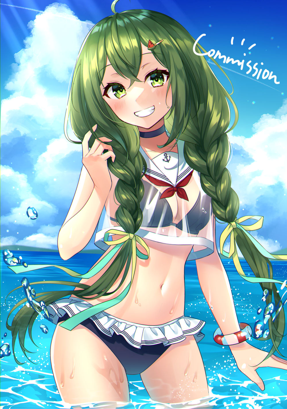 1girl ahoge bare_arms bare_shoulders bikini bikini_skirt black_bikini black_choker braid breasts choker cleavage cloud commission crop_top crop_top_overhang day green_eyes green_hair grin hair_ornament hair_over_shoulder hair_ribbon hairclip hand_up haruyuki_14 highres indie_virtual_youtuber light_rays long_hair looking_at_viewer medium_breasts midriff navel neckerchief outdoors ribbon sailor_collar sailor_shirt sakura_aoi_(greentea_oic) see-through_clothes shirt skeb_commission sleeveless sleeveless_shirt smile solo standing stomach string_bikini sunbeam sunlight swimsuit twin_braids twintails very_long_hair virtual_youtuber wading water wet