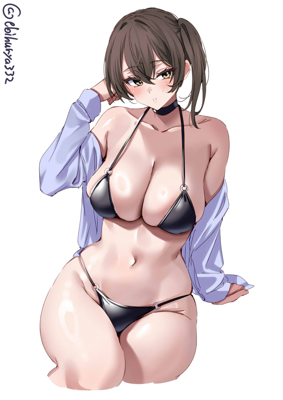 1girl bare_shoulders bikini black_bikini black_choker blush breasts brown_eyes brown_hair choker cleavage commentary_request cropped_legs ebifurya grey_jacket hair_between_eyes halterneck highres jacket kaga_(kancolle) kantai_collection large_breasts long_hair navel o-ring o-ring_bikini off_shoulder one-hour_drawing_challenge open_clothes open_jacket parted_lips side_ponytail swimsuit twitter_username white_background