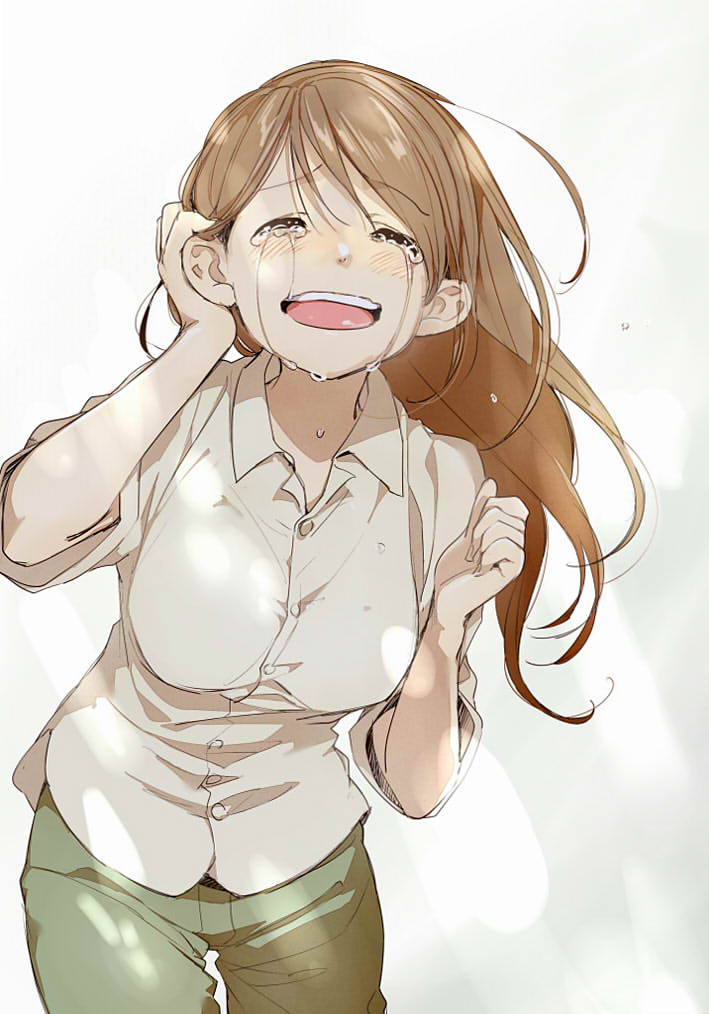 1girl :d bad_id bad_twitter_id blush breasts brown_hair closed_eyes collared_shirt commentary_request cowboy_shot crying female_focus green_pants grey_shirt hand_up kawai_makoto large_breasts leaning_forward long_hair open_mouth original pants shirt sleeves_rolled_up smile solo standing tears tucking_hair wing_collar