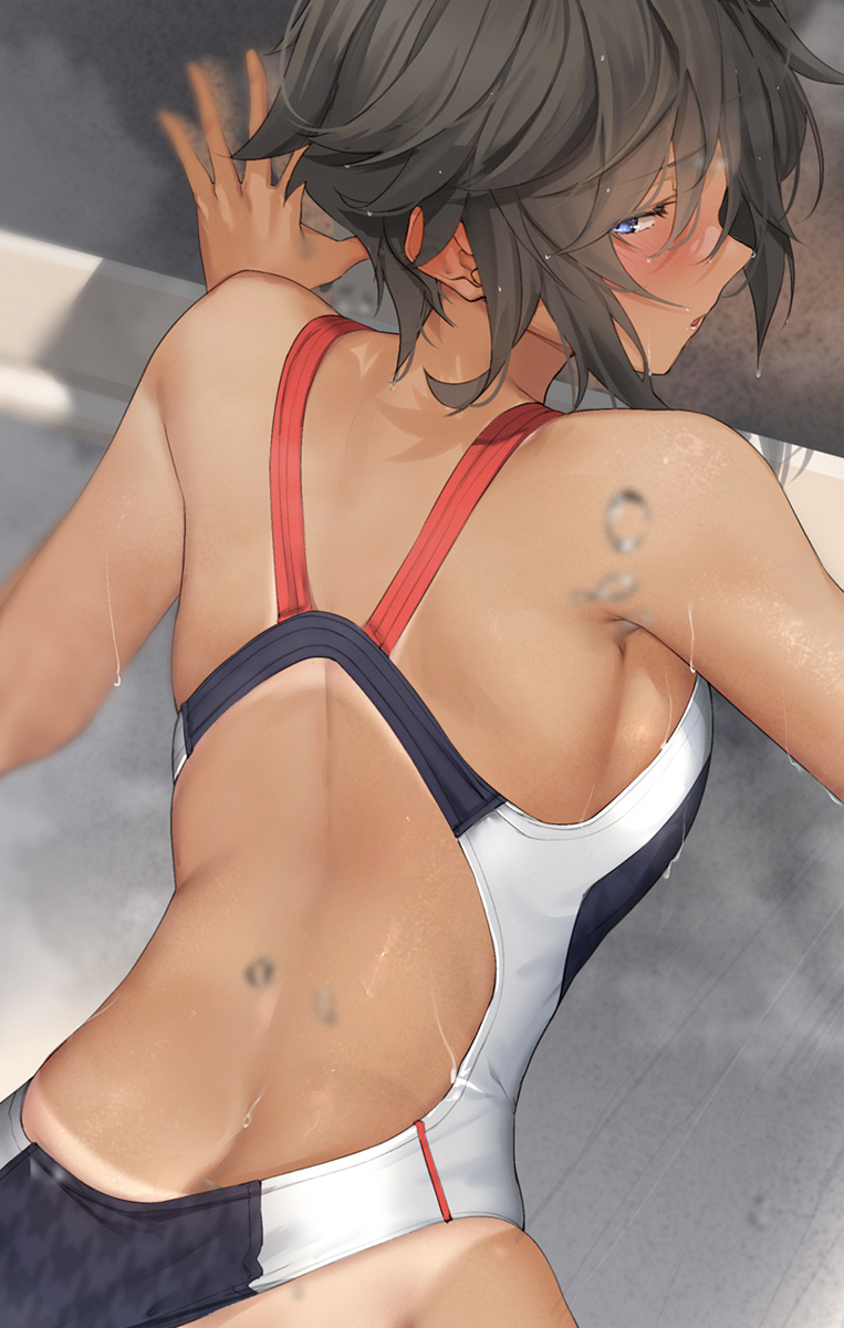 1girl back_cutout bare_arms bare_shoulders black_hair blue_eyes blush clothing_cutout from_behind glance highres one-piece_swimsuit original pallad parted_lips short_hair swimsuit tan tanline