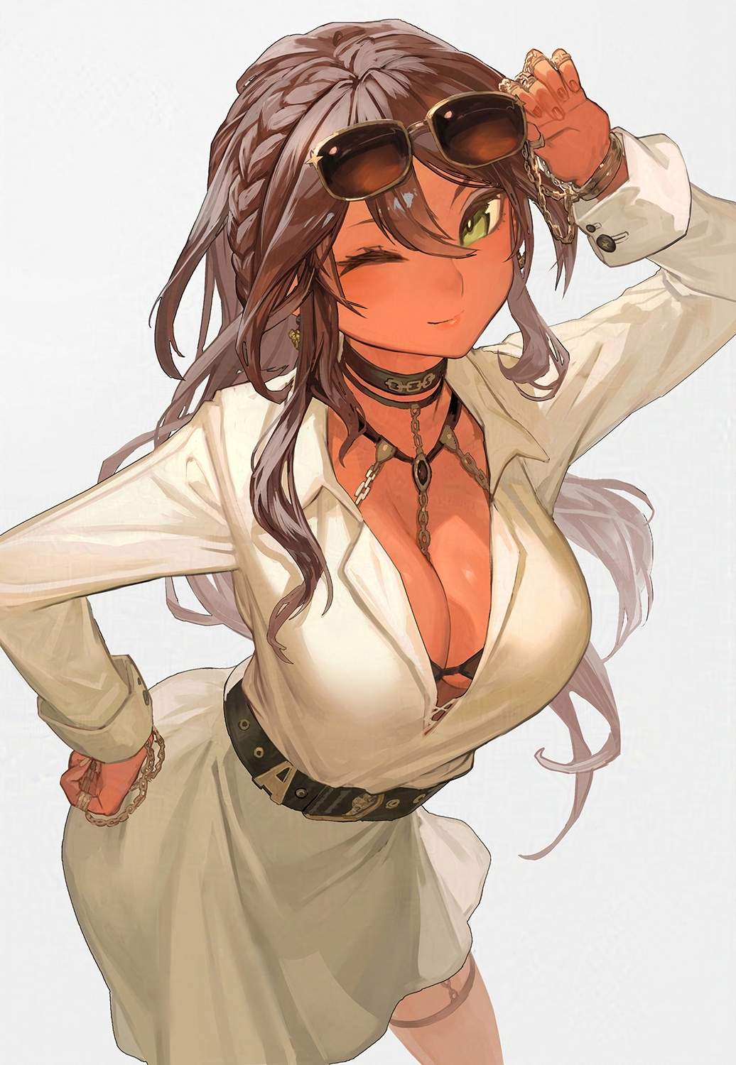 1girl adversarial_noise andromeda_(fate) belt black_bra blush bra bra_peek bracelet braid breasts brown_hair choker cleavage crown_braid dark-skinned_female dark_skin dress earrings eyewear_on_head fate/grand_order fate_(series) green_eyes highres jewelry lack large_breasts long_hair long_sleeves looking_at_viewer one_eye_closed sidelocks smile solo sunglasses underwear white_dress