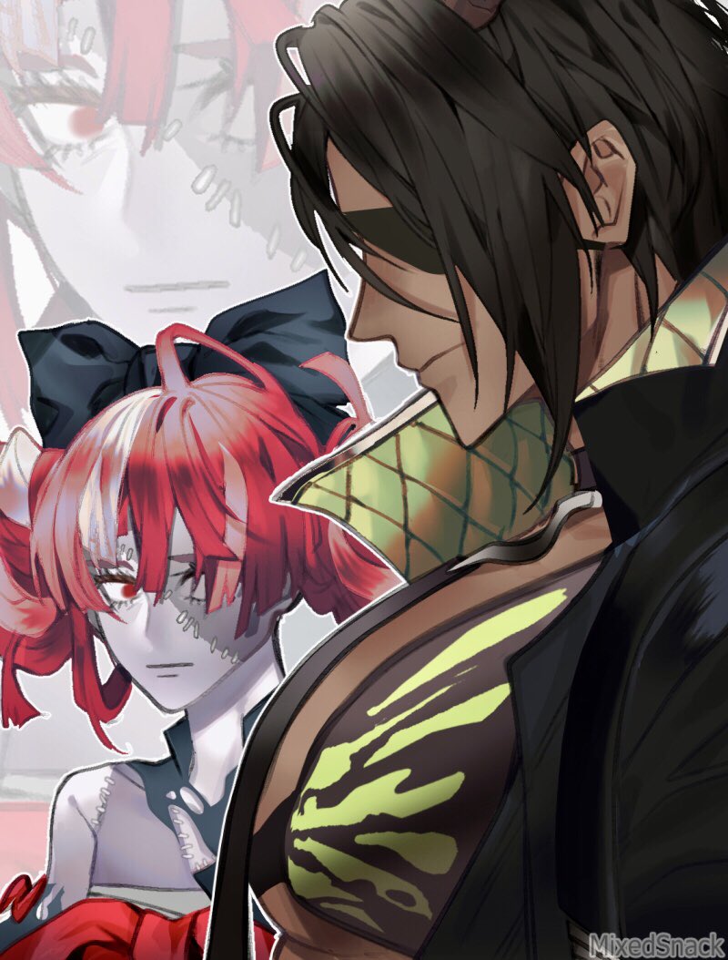 1boy 1girl aragami_oga bandaged_chest black_bow black_dress black_hair black_jacket bow colored_skin dark-skinned_male dark_skin dress eyepatch girl_staring_at_guy&#039;s_chest_(meme) grey_hair grey_skin hair_behind_ear hair_bow hair_over_one_eye hololive hololive_indonesia holostars horns jacket kureiji_ollie meme mixedsnack multicolored_hair muscular muscular_male one_eye_covered pectoral_cleavage pectorals red_eyes red_hair single_horn streaked_hair torn_clothes torn_dress virtual_youtuber zombie zoom_layer