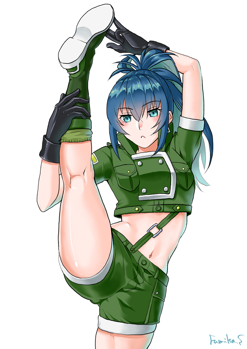 1girl black_gloves blue_eyes blue_hair boots combat_boots flexible gloves green_jacket green_shorts hand_in_own_hair highres jacket kneepits leona_heidern midriff military military_uniform navel ponytail sakura_mafumi short_sleeves shorts signature simple_background snk solo split standing standing_on_one_leg standing_split the_king_of_fighters white_background