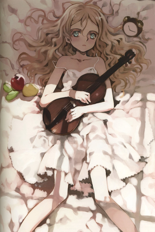 1girl alarm_clock bed blonde_hair blue_eyes charlotte_francia child clock curly_hair dress female_focus food fruit instrument littlewitch long_hair lying on_back ooyari_ashito quartett! skirt solo strap_slip violin white_skirt window_shadow