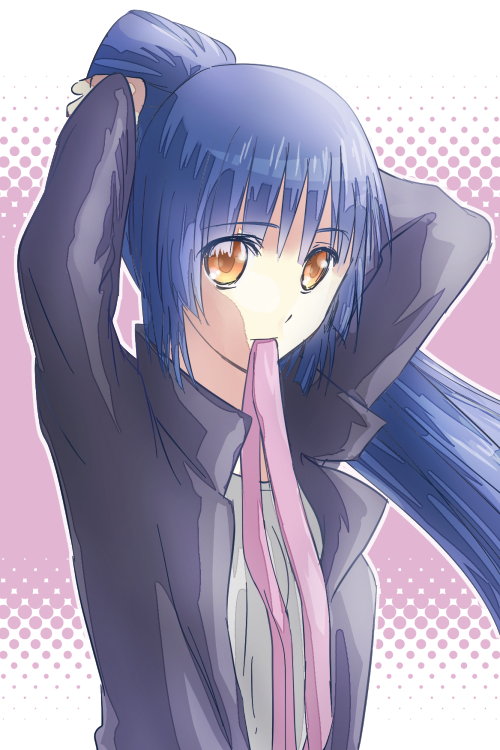 10s 1girl adjusting_hair blue_hair brown_eyes female_focus fujimi_shobo hair_ribbon long_hair long_sleeves mouth_hold ribbon sarira school_uniform solo tokyo_ravens tsuchimikado_natsume tying_hair