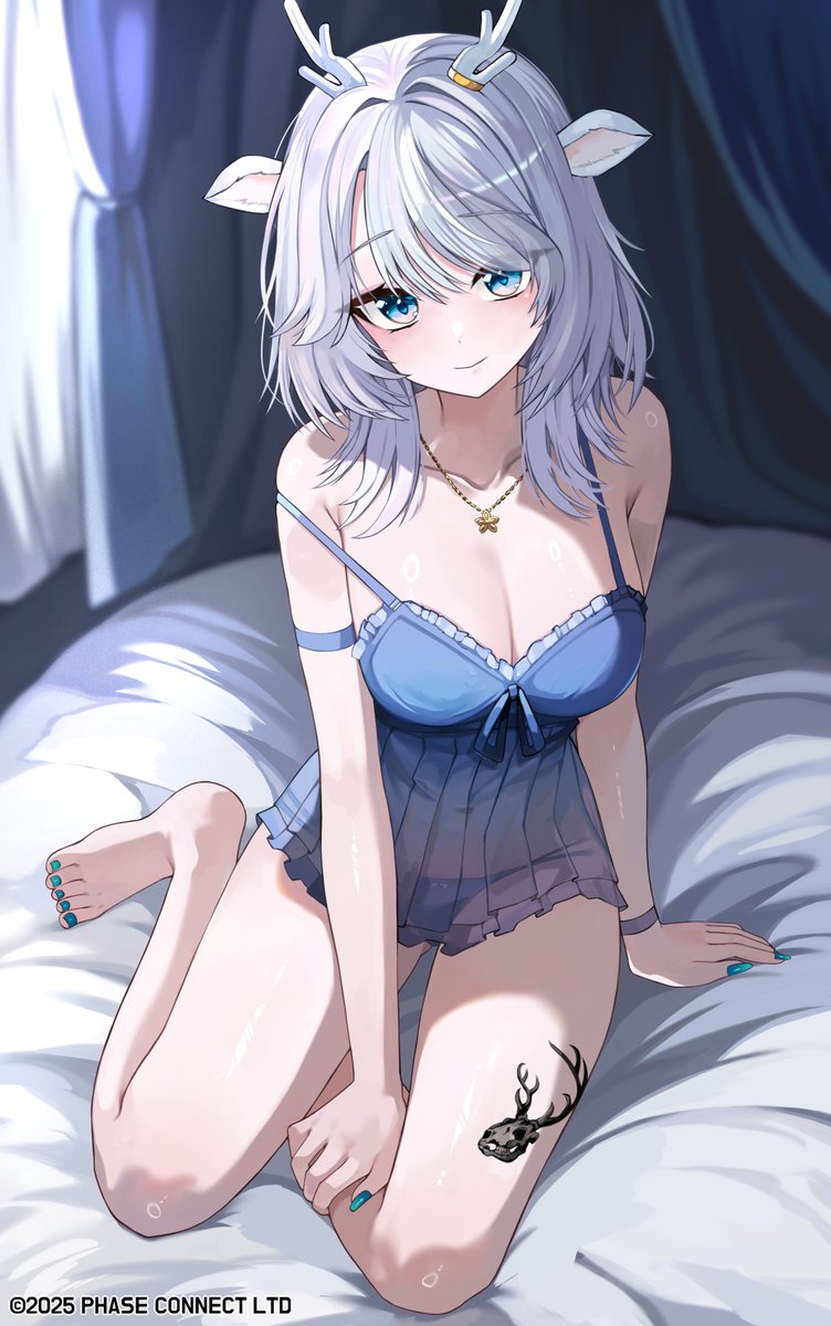 1girl animal_ears antlers barefoot blue_eyes blue_nails blue_nightgown blue_panties bow bow_panties breasts commentary deer_antlers deer_ears deer_girl english_commentary grey_hair hakushika_iori highres horns kkato leg_tattoo nail_polish nightgown off_shoulder on_bed panties phase_connect see-through_nightgown smile solo tattoo toenail_polish toenails underwear virtual_youtuber