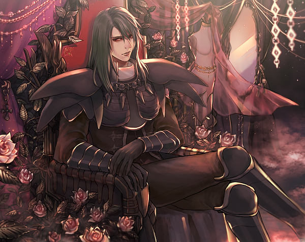 1boy armor black_gloves black_hair black_legwear curtains flower gloves greaves crossed_legs looking_at_viewer male_focus mannequin mirror orlouge red_eyes rose saga saga_frontier sitting solo throne tokinohiyoko