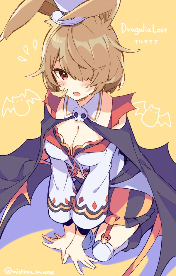 1girl althemia animal_ears blonde_hair breasts cape dragalia_lost hair_over_one_eye halloween_costume hat kneeling looking_at_viewer medium_breasts mini_hat mini_top_hat mishima_kurone official_alternate_costume open_mouth purple_eyes rabbit_ears short_hair skull_collar solo top_hat yellow_background