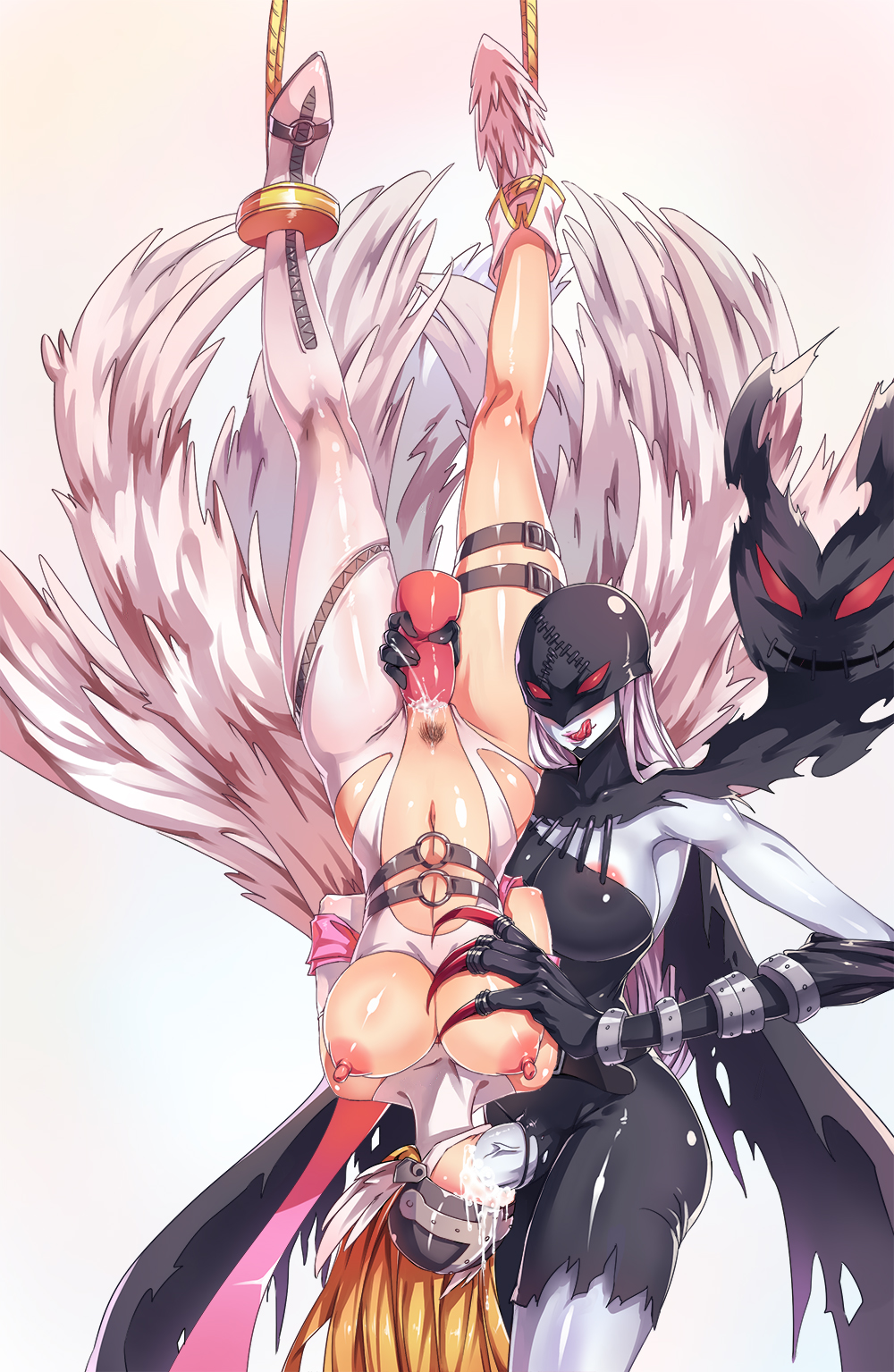 1futa 1girl angel angel_girl angewomon breasts cum demon demon_girl digimon digimon_(creature) fallen_angel fellatio futanari head_wings highres ladydevimon large_breasts long_hair mask oral wings