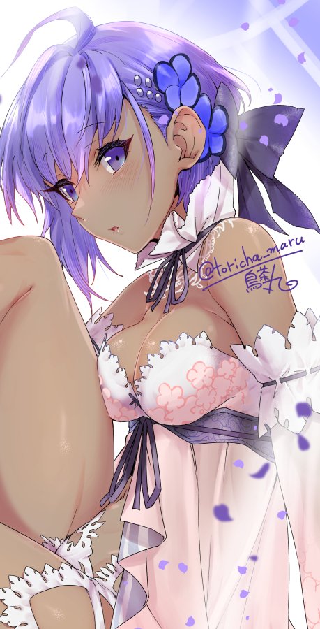 1girl bare_shoulders blush breasts cleavage dark-skinned_female dark_skin detached_collar detached_sleeves dress fate/grand_order fate_(series) flower hair_flower hair_ornament hassan_of_serenity_(fate) hassan_of_serenity_(lostroom_outfit)_(fate) looking_at_viewer medium_breasts purple_eyes purple_hair short_hair sidelocks solo thighs torichamaru white_dress