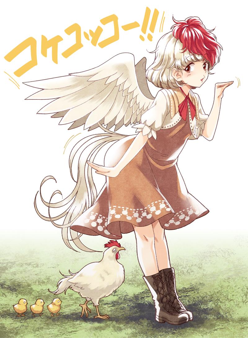 1girl animal bird bird_tail bird_wings blush boots brown_dress chick chicken dress feathered_wings looking_at_viewer multicolored_hair niwatari_kutaka red_eyes red_neckwear short_hair standing tail touhou two-tone_hair urin wings