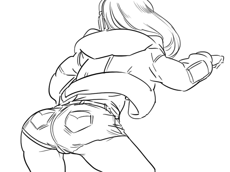 10s 1girl ass bad_id bb_(baalbuddy) female_focus from_behind greyscale hood hoodie inactive_account leaning_forward lineart long_hair monochrome open_clothes open_hoodie sacred_seven short_shorts shorts solo sp_(sacred_seven)