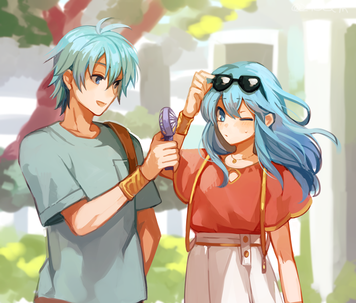 1boy 1girl alpha_signature aqua_hair bag blue_eyes bracer brother_and_sister commentary_request eirika_(fire_emblem) ephraim_(fire_emblem) eyewear_on_head fire_emblem fire_emblem:_the_sacred_stones fire_emblem_heroes green_hair green_shirt hand_fan holding holding_fan long_hair nana_(nanalog76) nintendo one_eye_closed open_mouth outdoors pink_shirt shirt short_hair short_sleeves shoulder_bag siblings skirt suspender_skirt suspenders tree twins white_skirt