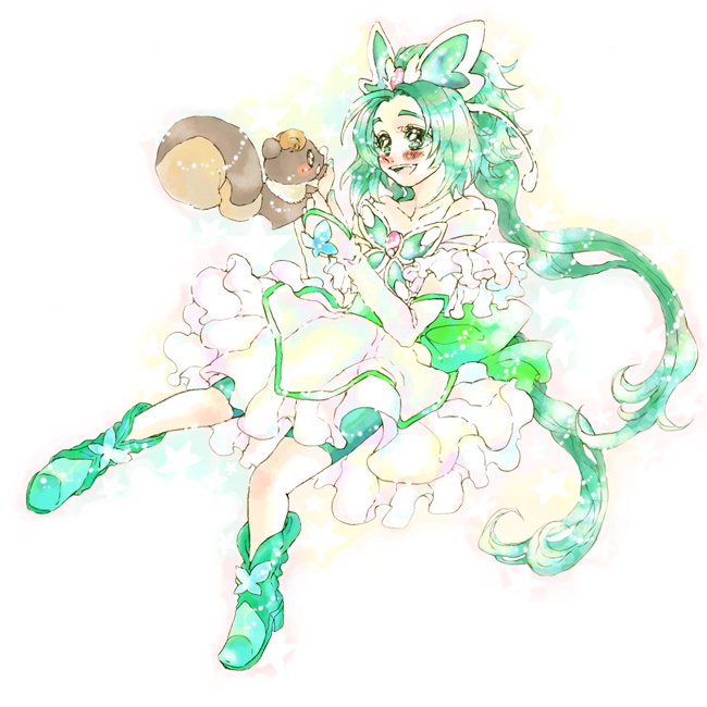 00s 1girl akimoto_komachi bike_shorts blush boots cure_mint dress frills green_hair green_shorts long_hair nuts nuts_(yes!_precure_5) precure shorts shorts_under_skirt smile squirrel utai_yumi yes!_precure_5