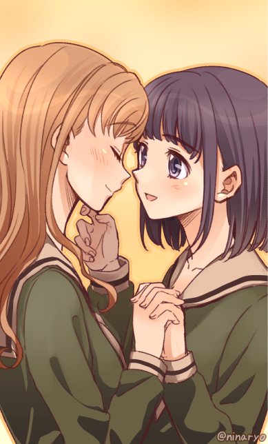 00s 2girls artist_name black_eyes black_hair blonde_hair blunt_bangs blush bob_cut closed_eyes face-to-face from_side holding interlocked_fingers long_sleeves maria-sama_ga_miteru multiple_girls niina_ryou nijou_noriko school_uniform serafuku short_hair toudou_shimako upper_body yellow_background yuri