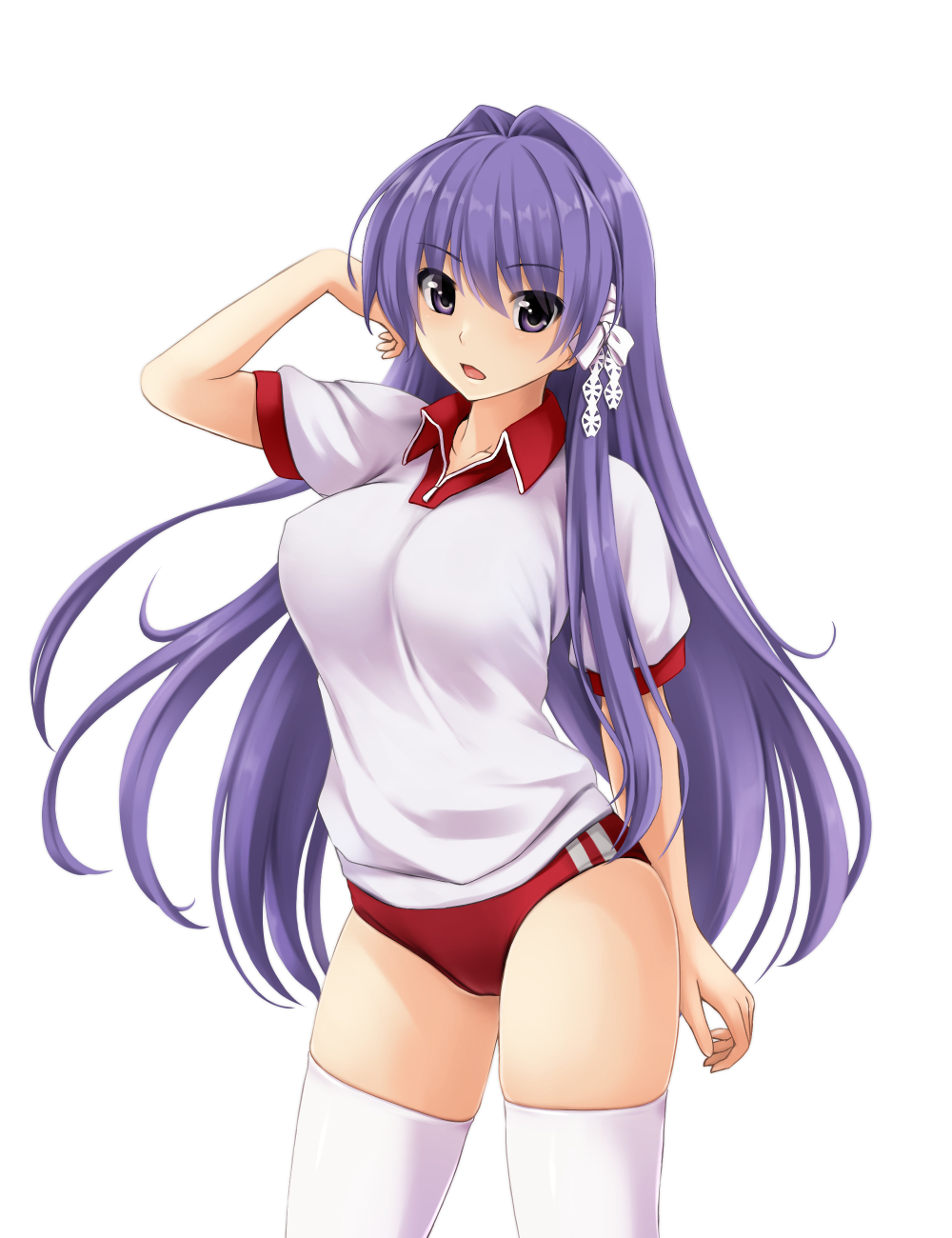 1girl arm_behind_back bow breasts buruma clannad commentary_request cowboy_shot eyes_visible_through_hair fujibayashi_kyou gym_uniform hair_between_eyes hair_bow hair_intakes hair_ribbon hand_up highres large_breasts long_hair looking_at_viewer nonaka_ritsu open_mouth paid_reward_available purple_eyes purple_hair red_buruma ribbon shirt short_sleeves sidelocks simple_background solo standing straight_hair thighhighs thighs very_long_hair white_background white_bow white_ribbon white_shirt white_thighhighs