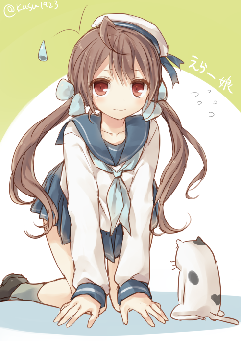 10s 1girl brown_eyes brown_hair cat character_name error_musume female_focus flying_sweatdrops girl_holding_a_cat_(kancolle) hat kantai_collection kneeling_girl_(kancolle) komeshiro_kasu long_hair long_sleeves looking_at_viewer neckerchief personification school_uniform serafuku skirt solo twintails twitter_username