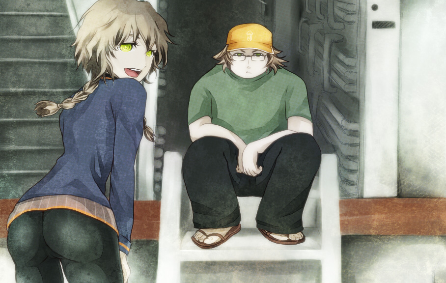 1boy 1girl 5pb. akari4 amane_suzuha ass black_pants braid brown_hair cameltoe father_and_daughter glasses green_shirt hashida_itaru hat indoors nitroplus open_mouth pants sandals science_adventure shirt stairs steins;gate t-shirt twintails yellow_eyes