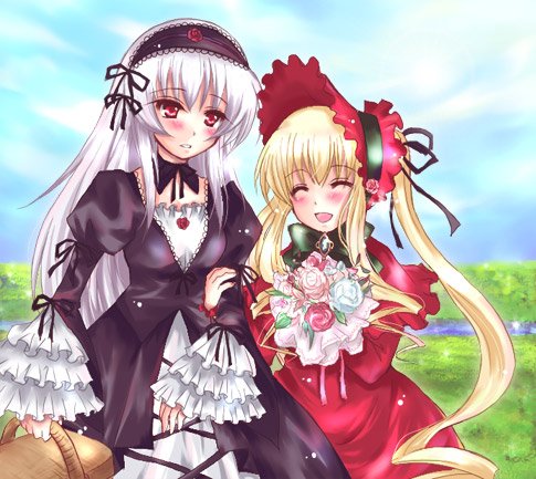 00s blonde_hair blush bonnet bow closed_eyes flower hazuki_megumi long_hair lowres red_eyes rozen_maiden shinku silver_hair smile suigintou