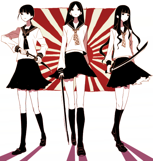 00s 3girls black_eyes black_hair blunt_bangs extra fargo fargo_(artist) itoshiki_rin japanese_flag katana kitsu_chiri kneehighs long_hair multiple_girls parted_bangs ponytail rising_sun_flag sayonara_zetsubou_sensei scabbard school_uniform serafuku shadow sheath simple_background skirt socks spot_color sunburst sword walking wavy_hair weapon