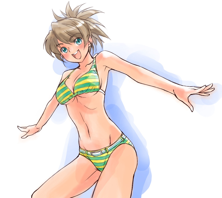 1girl aqua_eyes bikini blush breasts brown_hair female_focus green_bikini minato_fumi navel open_mouth outstretched_arms ponytail short_hair smile solo spread_arms striped_bikini striped_clothes swimsuit underboob