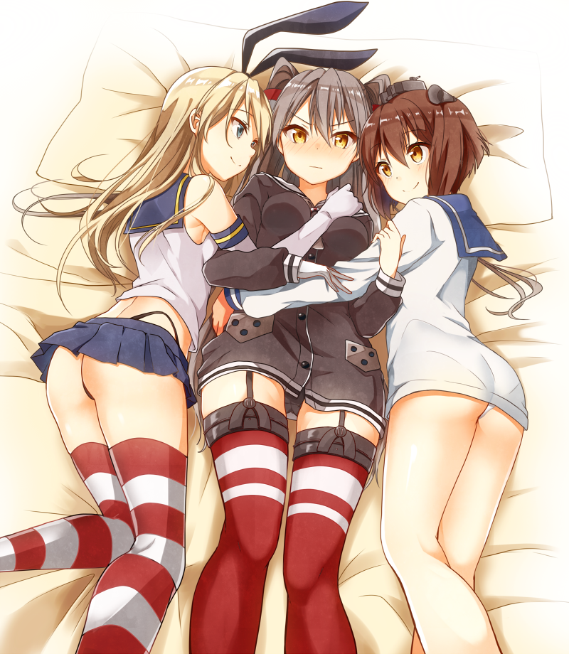 10s 3girls amatsukaze_(kancolle) ass bad_id bad_pixiv_id black_panties blonde_hair blush brown_eyes brown_hair dress elbow_gloves garter_straps girl_sandwich gloves green_eyes group_hug hair_tubes hairband hug kantai_collection long_hair looking_at_another looking_at_viewer multiple_girls no_pants panties pantylines sailor_dress sandwiched school_uniform shimakaze_(kancolle) short_hair silver_hair skirt smile striped_clothes striped_legwear striped_thighhighs tarachine thighhighs thong two_side_up underwear white_gloves white_panties yukikaze_(kancolle) yuri