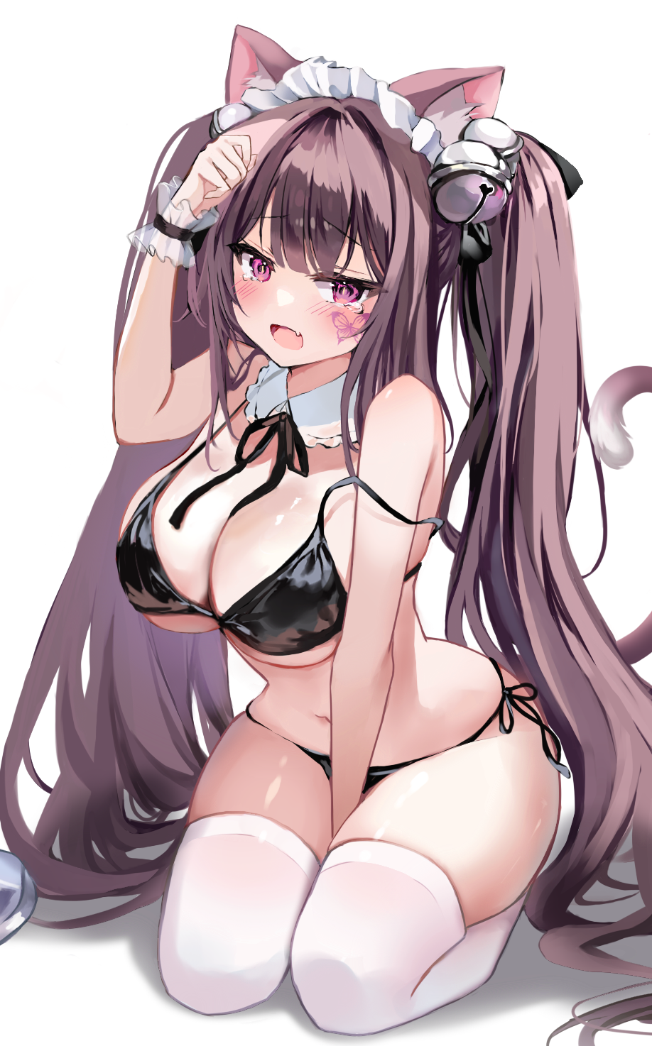 1girl animal_ear_fluff animal_ears arm_up bare_shoulders bell between_legs bikini black_bikini black_ribbon blush breasts brown_hair butterfly_tattoo cat_ears cat_tail cleavage collar detached_collar embarrassed fang frilled_wrist_cuffs frills full_body furrowed_brow hair_bell hair_between_eyes hair_ornament hair_ribbon hand_between_legs hand_to_head highres jingle_bell large_breasts leaning_forward long_hair looking_at_viewer maid_headdress mayo_(miyusa) navel open_mouth original pink_eyes ribbon seiza shadow side-tie_bikini_bottom sidelocks simple_background sitting skin_fang straight_hair strap_slip string_bikini swimsuit tail tail_raised tattoo tearing_up tears thighhighs twintails very_long_hair white_background white_collar white_thighhighs wide_hips wrist_cuffs