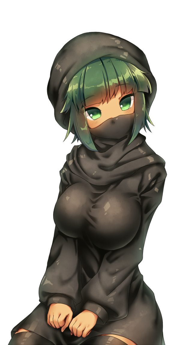 1girl artist_request black_dress black_hood black_thighhighs breasts commentary dress english_commentary green_eyes green_hair impossible_clothes impossible_dress isis-chan large_breasts mask mouth_mask original sidelocks sitting solo thighhighs third-party_source upper_body