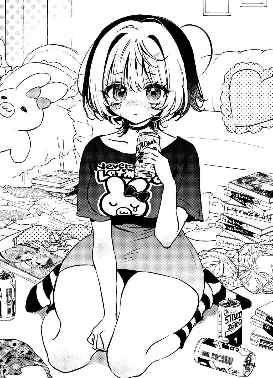 1girl akiyama_enma bare_legs beer_can blush book book_stack bra breasts can collarbone colored_bangs commentary_request drink_can frown full_body greyscale hair_intakes highres holding holding_can indoors large_breasts long_shirt manga_(object) messy_room meta monochrome multicolored_hair noa-senpai_wa_tomodachi. nose_blush saotome_noa shirt short_hair short_sleeves socks solo striped_clothes striped_socks stuffed_animal stuffed_rabbit stuffed_toy t-shirt tears thick_thighs thighs two-tone_hair underwear unworn_bra