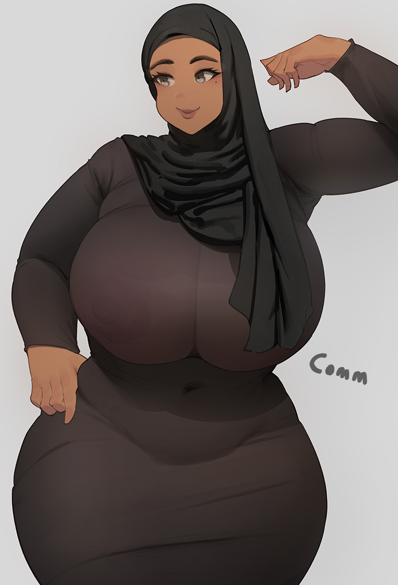 1girl black_dress breasts curvy dark-skinned_female dark_skin dress grey_background grey_eyes highres hijab huge_breasts mmmmmkun mole mole_under_eye original see-through see-through_dress simple_background solo wide_hips