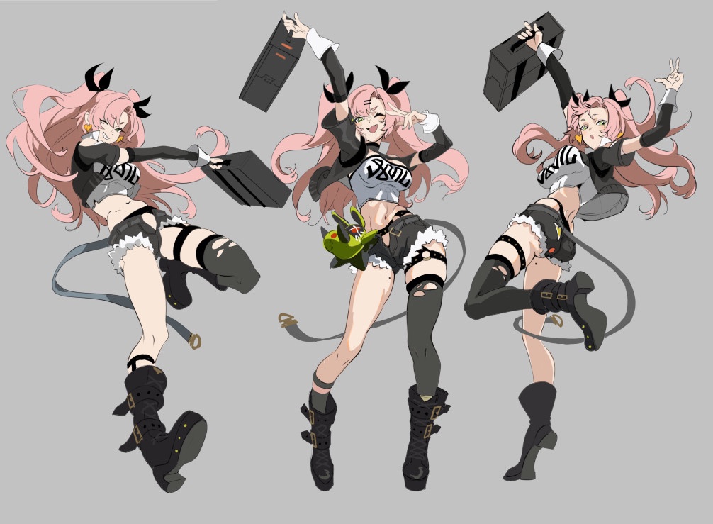 1girl asymmetrical_legwear boots crop_top grey_background mole mole_on_thigh mole_under_eye multiple_views navel nicole_demara niihatigounana o-ring o-ring_thigh_strap one_eye_closed open_clothes open_shorts pink_hair shorts single_thighhigh suitcase tank_top thigh_strap thighhighs torn_clothes torn_thighhighs uneven_legwear v zenless_zone_zero