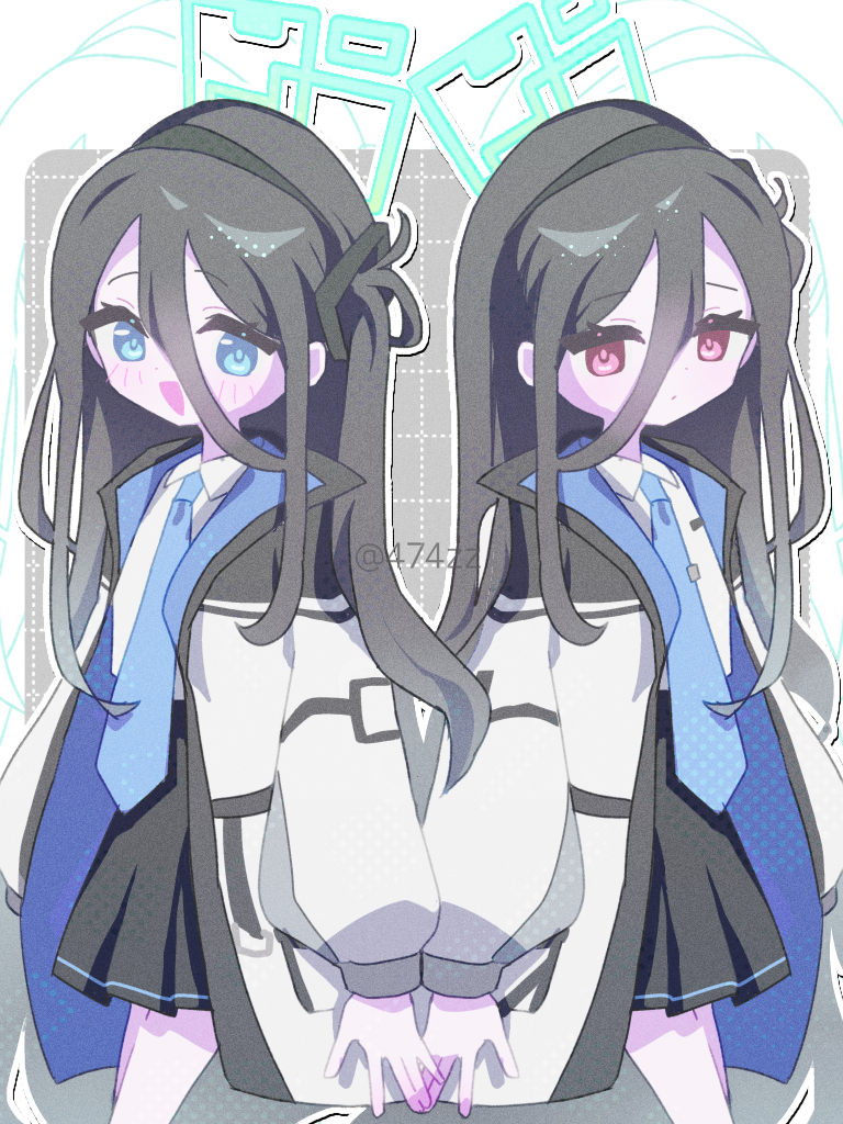 2girls absurdly_long_hair anzen_robo_(474zz) aris_(blue_archive) black_hair black_hairband black_skirt blouse blue_archive blue_eyes blue_halo blue_necktie closed_mouth collared_shirt cowboy_shot expressionless gradient_halo green_halo grey_background hair_between_eyes hairband halo jacket kei_(blue_archive) long_bangs long_hair long_necktie long_sleeves looking_at_viewer multicolored_halo multiple_girls necktie one_side_up open_mouth outline pleated_skirt polka_dot polka_dot_background puffy_long_sleeves puffy_sleeves red_eyes school_uniform shirt skirt smile standing twitter_username two-tone_background very_long_hair white_background white_outline white_shirt