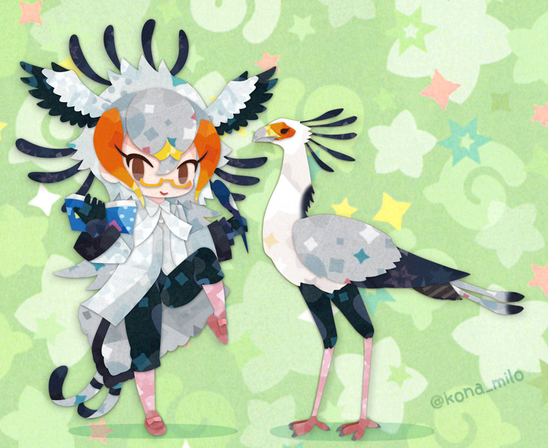 1girl animal_ears bird bird_girl bird_tail bird_wings book brown_eyes fake_animal_ears feathered_wings glasses gloves green_background grey_hair head_wings japari_symbol kemono_friends kikuchi_milo leggings long_hair looking_at_viewer orange_hair sandals secretarybird_(kemono_friends) shirt simple_background tail wings