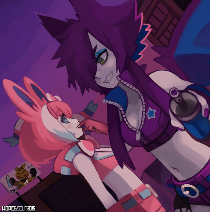 2girls animal_ears bat_ears bat_girl bat_wings billboard blue_eyes blue_eyeshadow breasts byte_(hopebiscuit) cleavage creatures_(company) crobat cropped_vest eyeshadow fingernails from_side game_freak gen_2_pokemon gen_3_pokemon gen_6_pokemon gloves grin hand_to_own_mouth hand_up holding_spray_can hopebiscuit looking_at_another looking_at_viewer makeup makuhita multiple_girls nail_polish navel nintendo original outdoors pale_skin parted_lips personification pink_gloves pink_top pink_vest pixel_(hopebiscuit) pokemon profile purple_hair purple_nails purple_shorts purple_vest purple_wings ringed_eyes short_hair_with_long_locks short_shorts shorts sideways_glance smile sylveon vest wings zipper